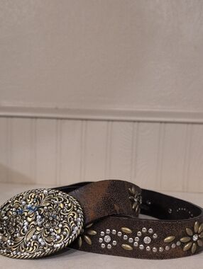 Nocona Studded Brown Leather Western Belt with Ornate Buckle Small